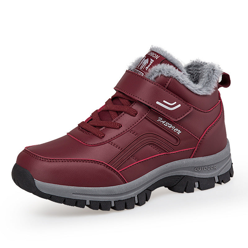 Warm-lined ankle-high shoe with durable sole and adjustable strap