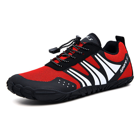 Lightweight mesh sneaker with flexible sole and quick-lacing system