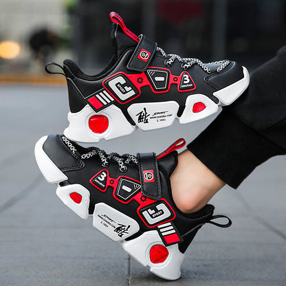 Futuristic multi-panel sneaker with cushioned sole and graphic details