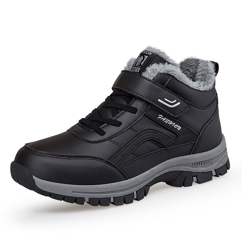 Warm-lined ankle-high shoe with durable sole and adjustable strap