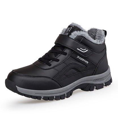 Warm-lined ankle-high shoe with durable sole and adjustable strap