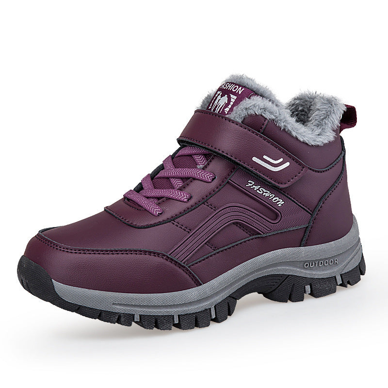 Warm-lined ankle-high shoe with durable sole and adjustable strap