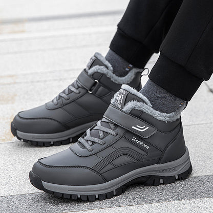 Warm-lined ankle-high shoe with durable sole and adjustable strap
