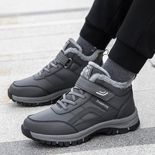 Warm-lined ankle-high shoe with durable sole and adjustable strap