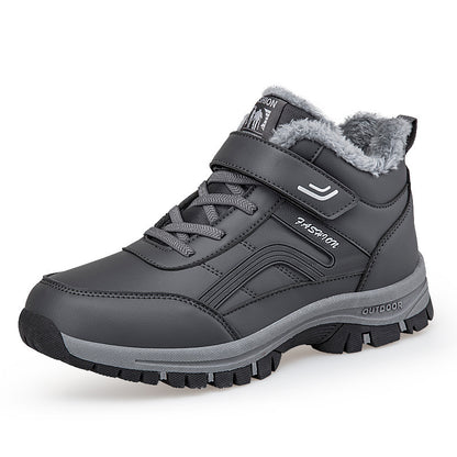 Warm-lined ankle-high shoe with durable sole and adjustable strap