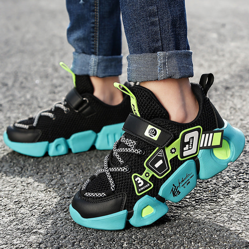 Futuristic multi-panel sneaker with cushioned sole and graphic details
